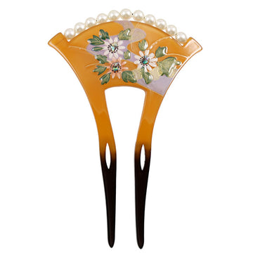 Acrylic 2-Prong Geisha Hair Stick Fork with Raised Flowers and Pearls Brown